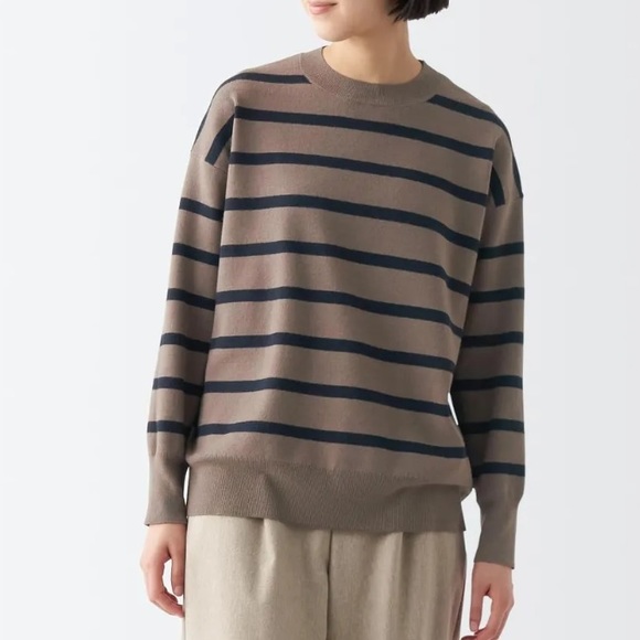 Muji Sweaters - NWT MUJI Women's Milano Rib Crew Neck Jumper Sweater M Grayish Brown Stripe Boxy